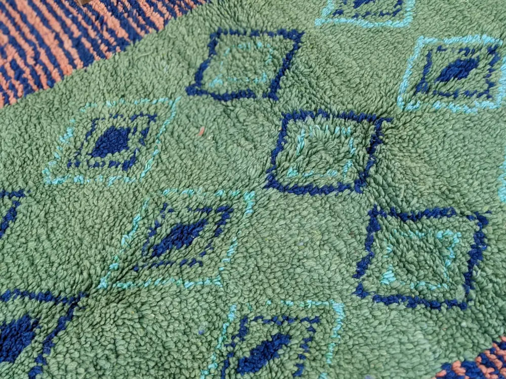 Decorbites moroccan handmade traditional azilal rug with olive green textured wool and navy teal geometric squares