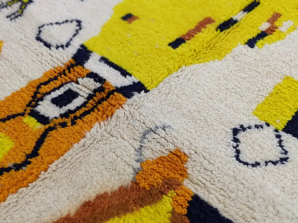 Decorbites™ moroccan handmade traditional azilal rug 250 x 162 cm with vibrant plush yellow orange navy geometric patterns on cream