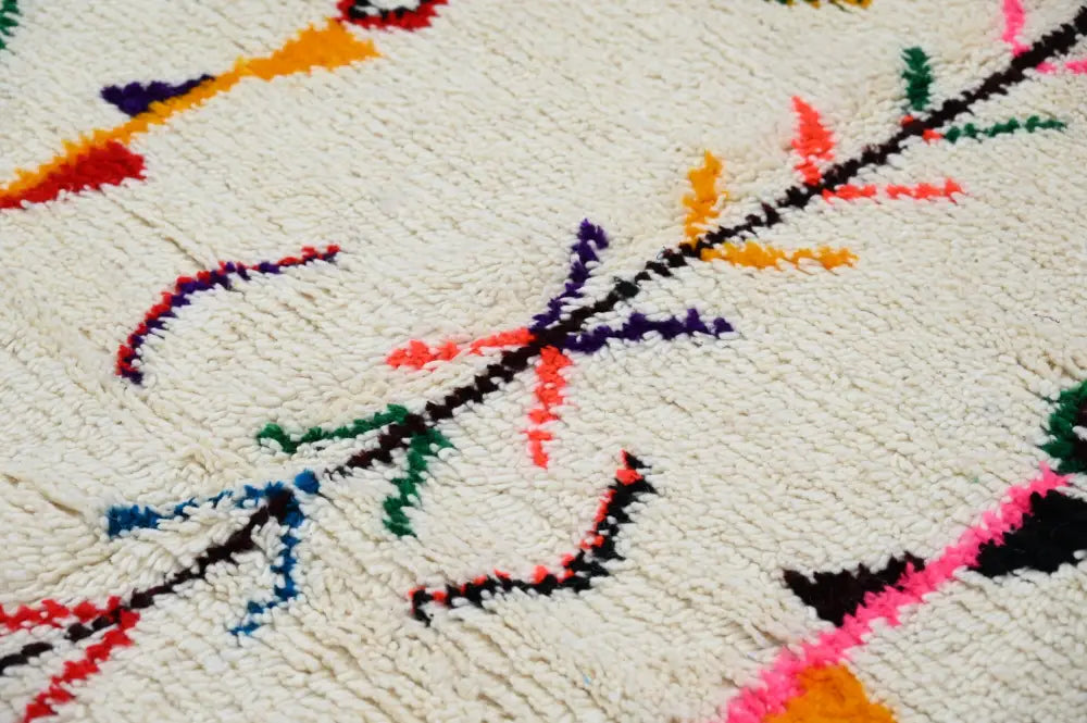 DecorBites Moroccan handmade traditional azilal rug 252 x 145 cm with cream base and multicolored geometric patterns