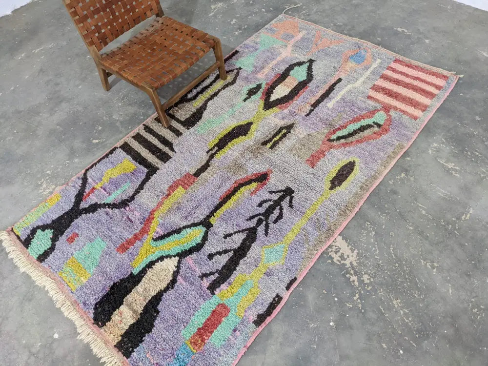 DecorBites™ moroccan handmade traditional azilal rug with colorful abstract pattern fringed edges made of pure natural wool