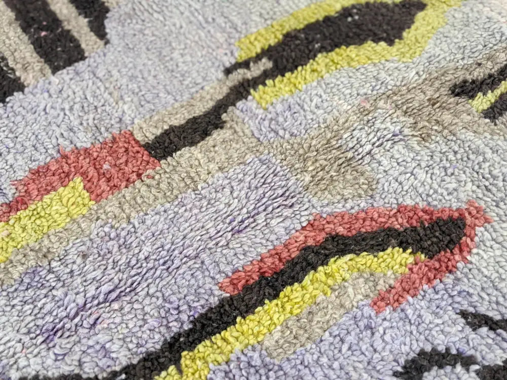 Decorbites moroccan handmade azilal rug in pure natural wool with geometric pattern and coral pink, mustard yellow, and black stripes