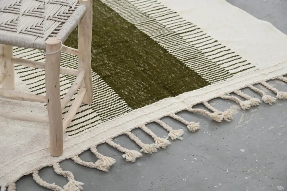 Decorbites moroccan handmade traditional azilal rug with olive green cream stripes and fringed edges woven cotton 253x145 cm