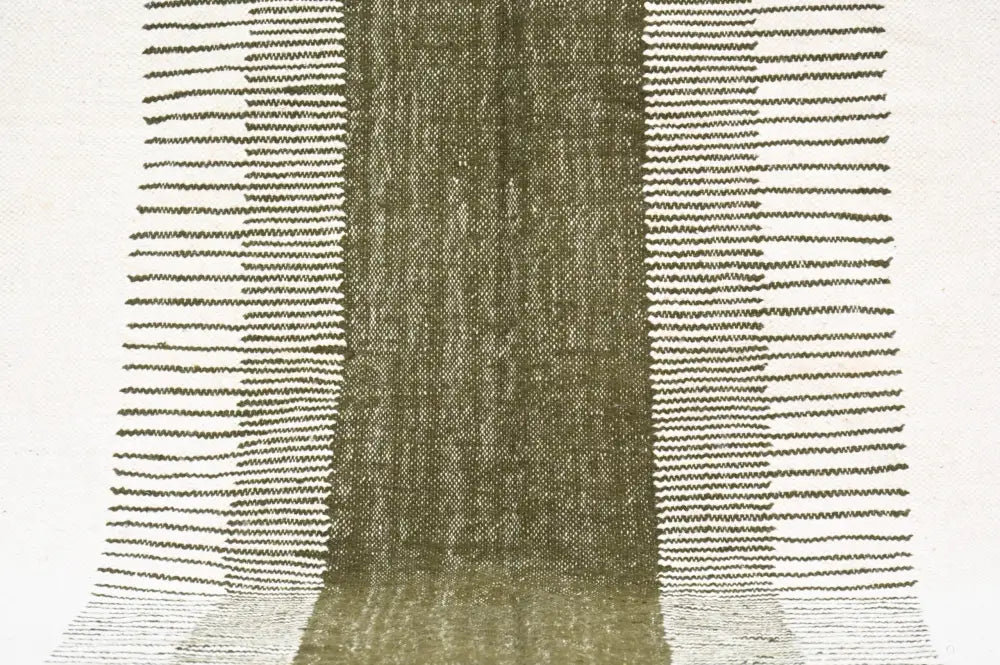 Olive green woven fabric with textured striped pattern on moroccan handmade traditional azilal rug by decorbites