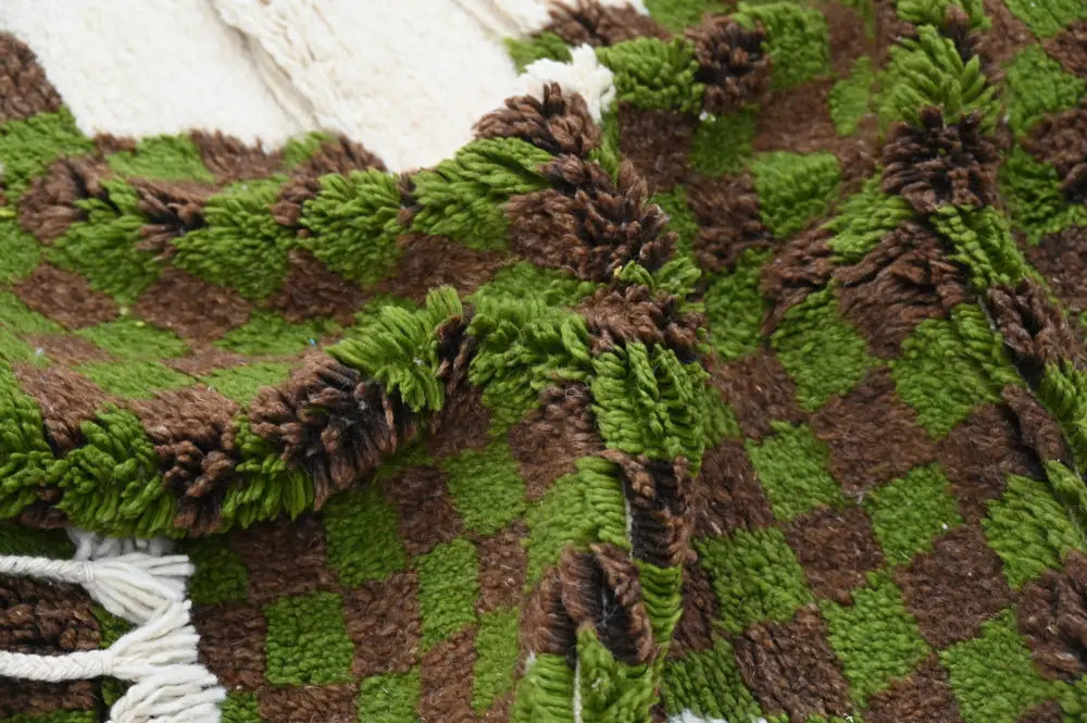 Decorbites™ moroccan handmade traditional azilal rug in green and brown checkered wool with a plush textured surface