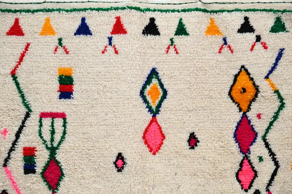 DecorBites™ moroccan handmade traditional azilal rug with cream base and bold colorful geometric patterns 256 x 147 cm