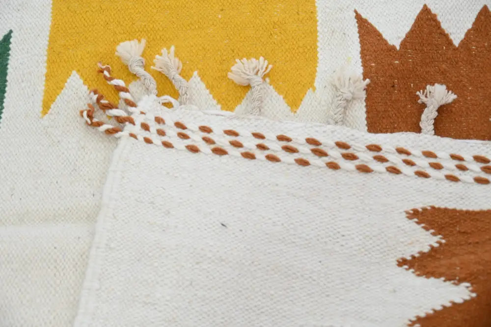 White woven moroccan handmade traditional azilal rug with mustard yellow terracotta geometric pattern and tassels 258 x 143 cm