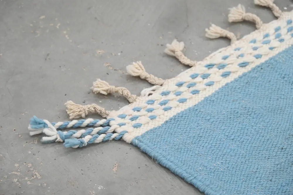 Blue and cream moroccan handmade azilal rug with braided tassels decorbites™ traditional wool floor decor