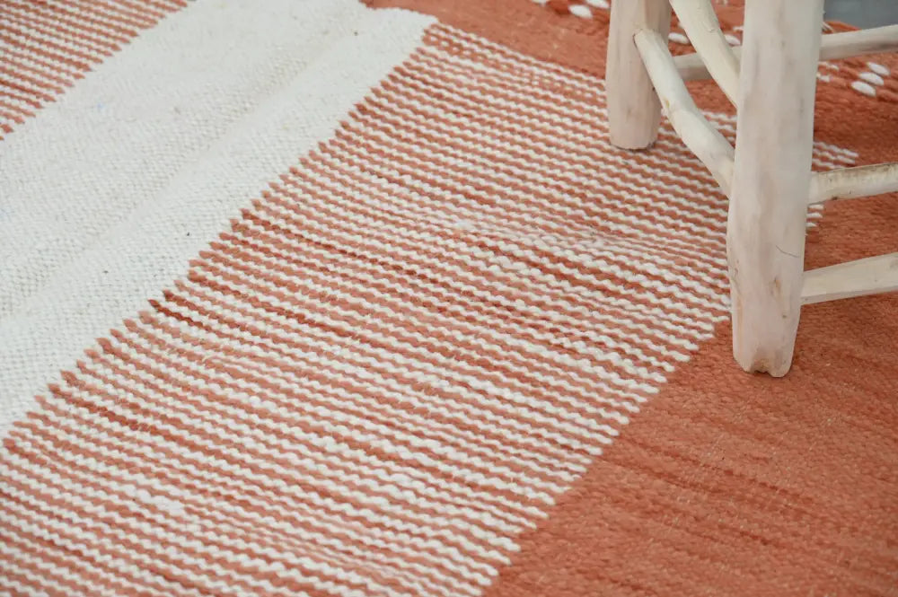 Decorbites™ moroccan handmade traditional azilal rug with textured terracotta and white striped pattern 260 x 141 cm