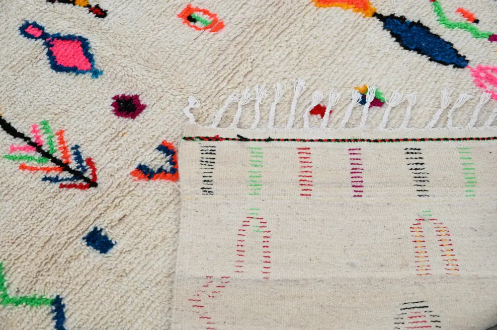 Beige DecorBites™ moroccan handmade traditional azilal rug with colorful geometric patterns and white fringe 262 x 142 cm