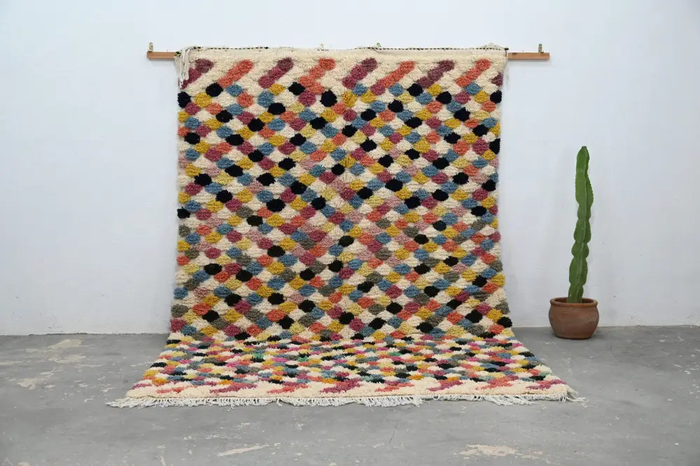 DecorBites™ moroccan handmade traditional azilal rug 300 x 207 cm with colorful geometric diamond pattern on cream background