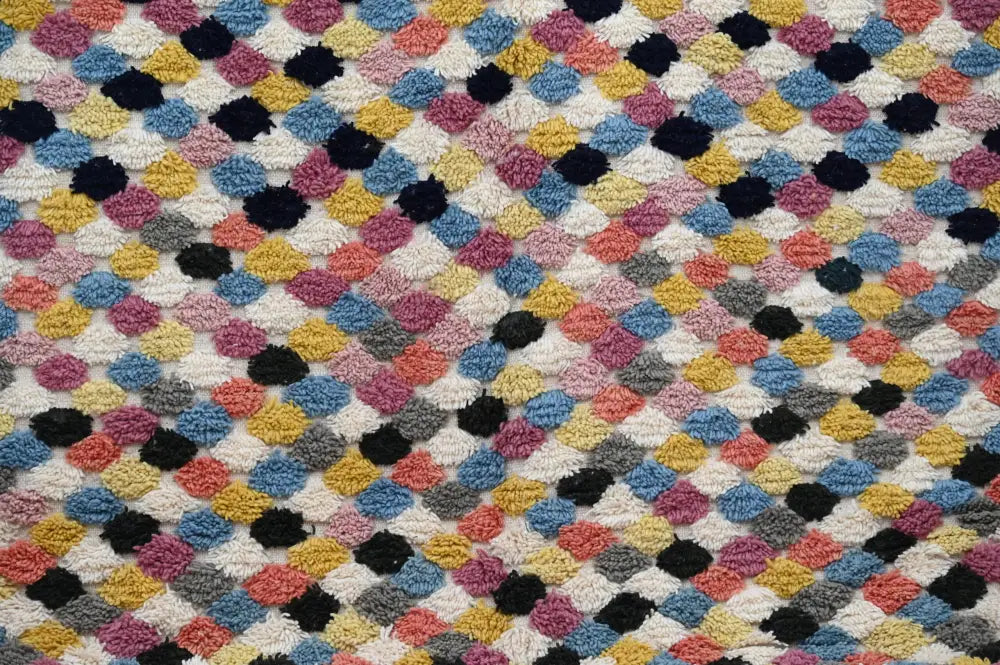 DecorBites™ moroccan handmade traditional azilal rug with colorful raised fuzzy hexagons in pink blue yellow black and gray