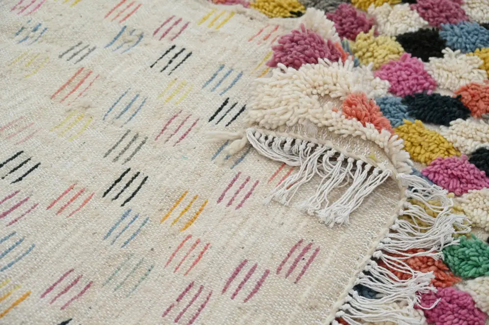 Decorbites™ moroccan handmade traditional azilal rug 300 x 207 cm with cream base and colorful geometric patterns
