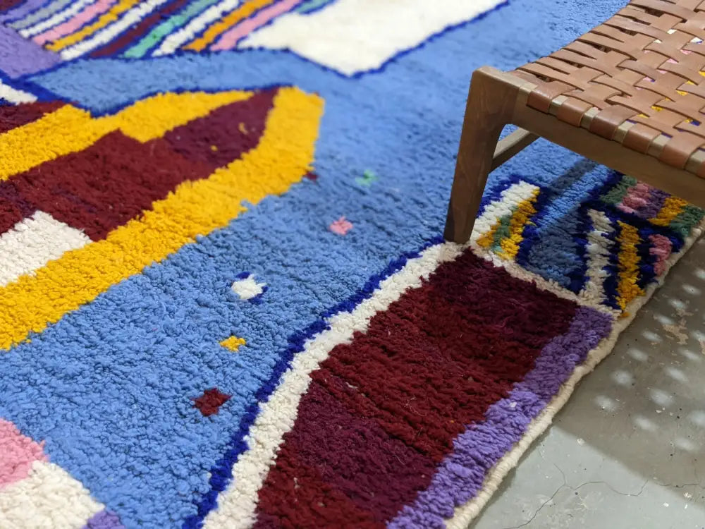 DecorBites™ moroccan handmade traditional azilal rug with bold blue maroon yellow wool geometric patterns 304 x 210 cm