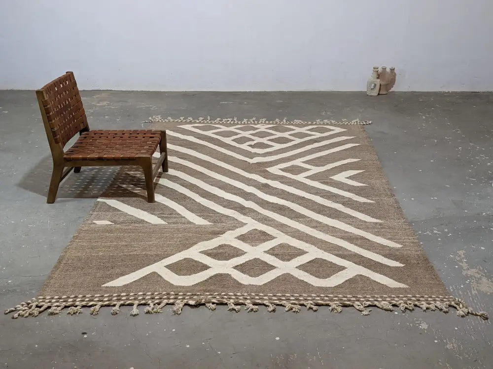 Beige and cream geometric moroccan handmade traditional azilal rug with fringed edges by decorbites 309 x 200 cm