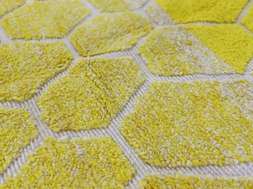 DecorBites™ moroccan handmade traditional azilal rug in bright yellow with plush hexagonal pattern and cream woven borders