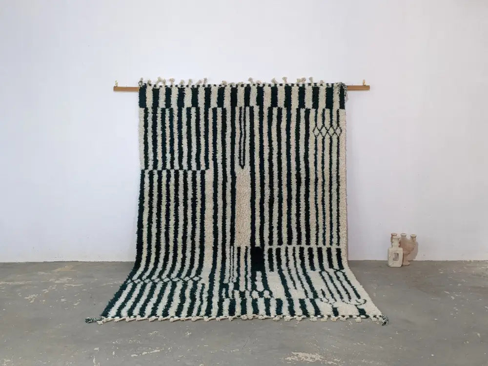 Black and cream striped wool moroccan handmade traditional azilal rug with tassels 316 x 206 cm by DecorBites
