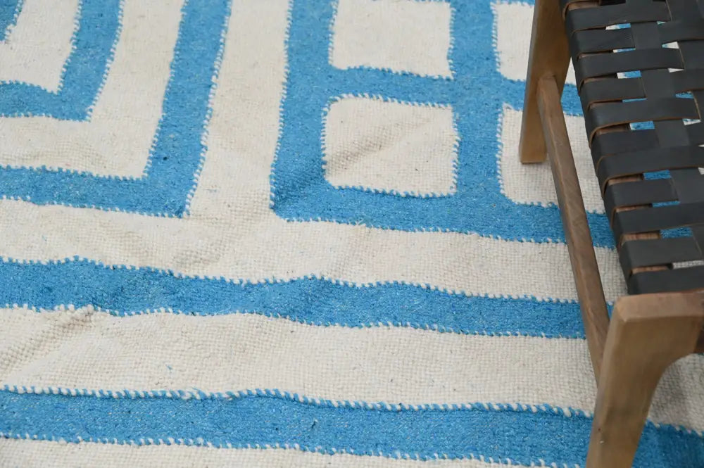Blue and white geometric-patterned woven moroccan handmade traditional azilal rug by decorbites 320 x 200 cm
