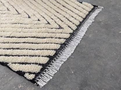 DecorBites™ moroccan handmade beni ouarain rug 245 x 146 cm with black and cream geometric plush stripes and white fringe