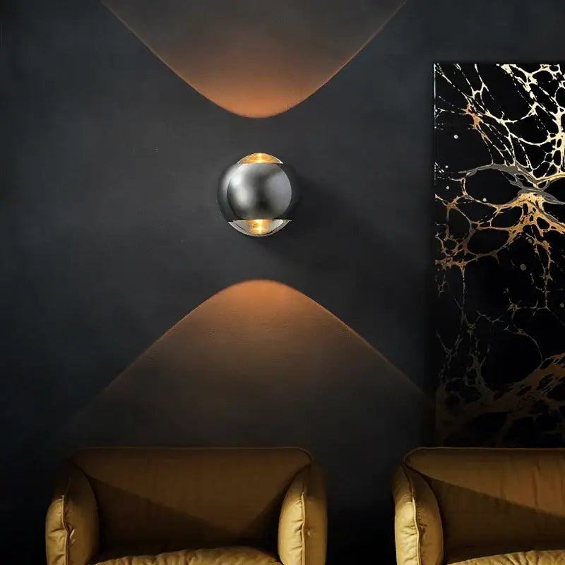 Decorbites™ moroccan modern black brass led wall lamp with sleek spherical design and warm amber brass led illumination