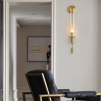 Decorbites™ moroccan wall sconce in gold with clear glass cylinder and minimalist design for modern gold wall sconces