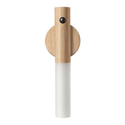 Minimalist decorbites™ moroccan rechargeable battery-operated wall sconce in wood and white with circular accent plate