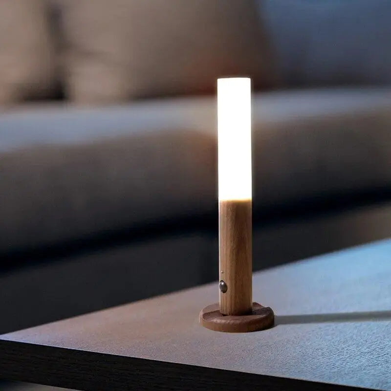 A sleek minimalist decorbites™ moroccan rechargeable battery-operated wall sconce with warm white led and wood base