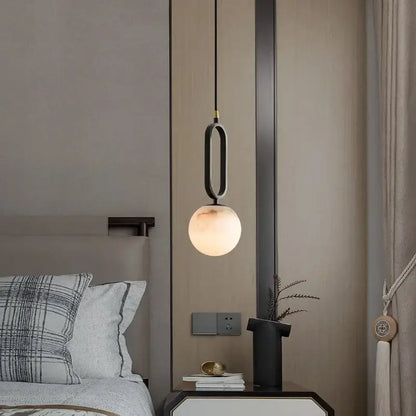 DecorBites™ black metal pendant light with frosted glass globe and natural marble base for led bulb use