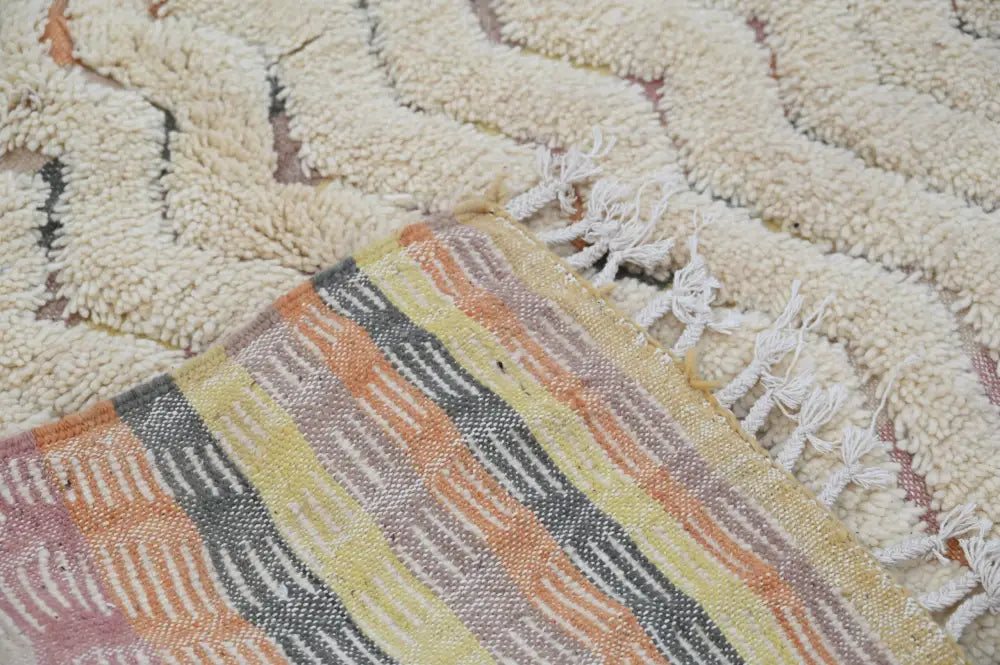 Decorbites™ moroccan traditional handmade azilal rug 240x147cm with cream base and bold orange yellow gray pink stripes
