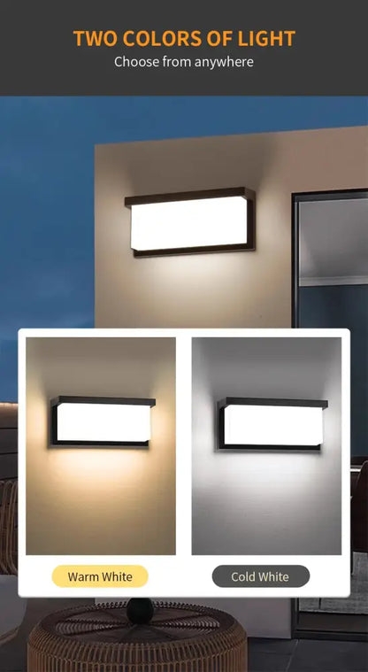 DecorBites™ modern outdoor wall light with sleek black frame motion sensor and bright white illuminated panel available in warm or cool white lighting options