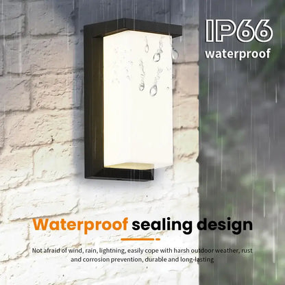 DecorBites™ black-framed rectangular outdoor wall light with frosted diffuser panel and motion sensor feature
