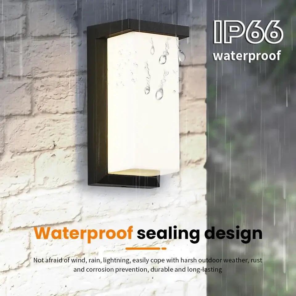 DecorBites™ black-framed rectangular outdoor wall light with frosted diffuser panel and motion sensor feature