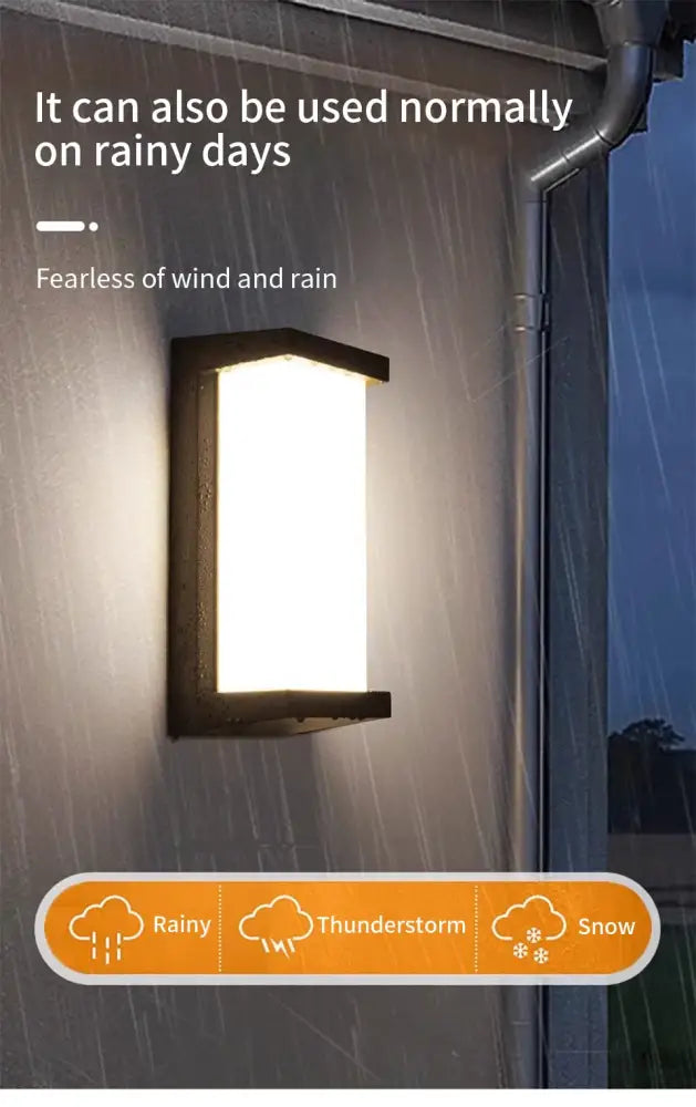 Decorbites motion sensor outdoor wall light is a black rectangular waterproof wall light with a warm white illuminated panel