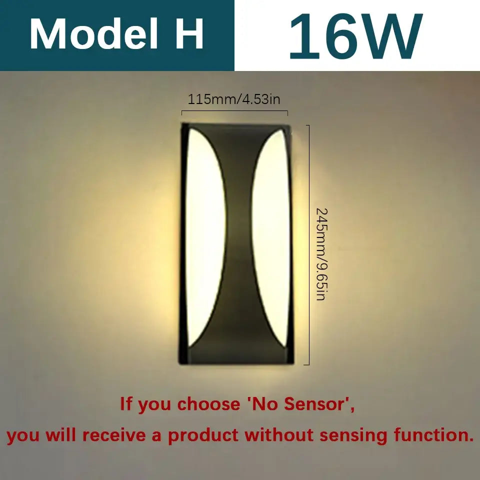 Model h 16w wall-mounted led decorbites motion sensor outdoor wall light with sleek black frame and warm white panels