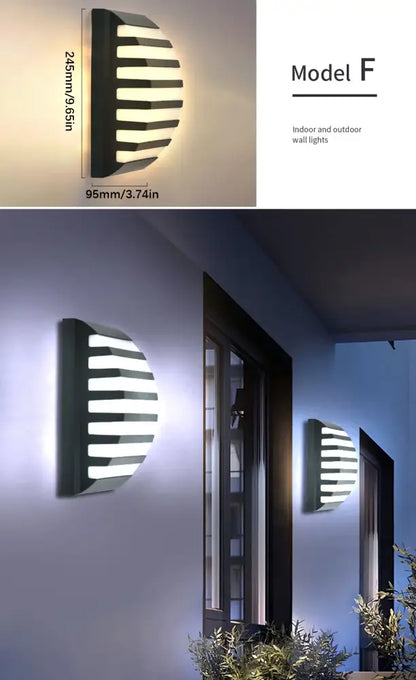 Decorbites motion sensor outdoor wall light with sleek black semi-circular design emits soft white illumination