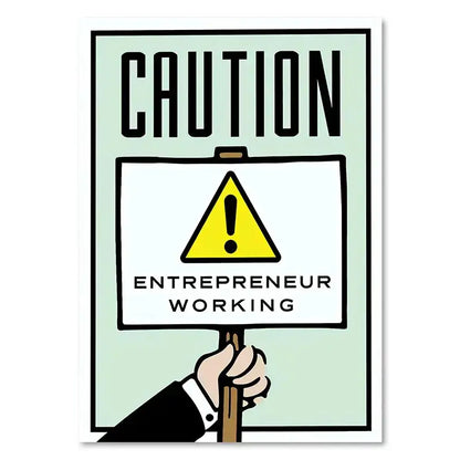 A motivational monopoly millionaire cartoon canvas wall art featuring a hand holding a yellow caution sign with an exclamation mark