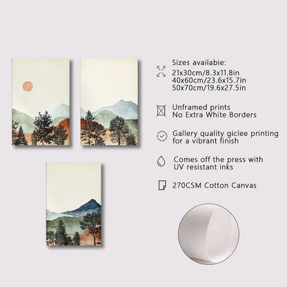 Set of three unframed DecorBites mountain wall art prints on 270gsm cotton canvas with soft earthy watercolor tones
