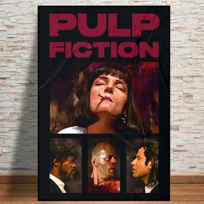 Black-framed pulp fiction canvas wall art featuring bold red title and stylized uma thurman portrait by DecorBites™