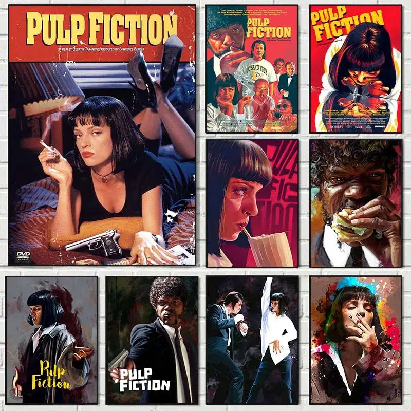 A grid of nine pulp fiction canvas posters featuring iconic scenes displayed as decorbites™ movie fiction canvas wall art