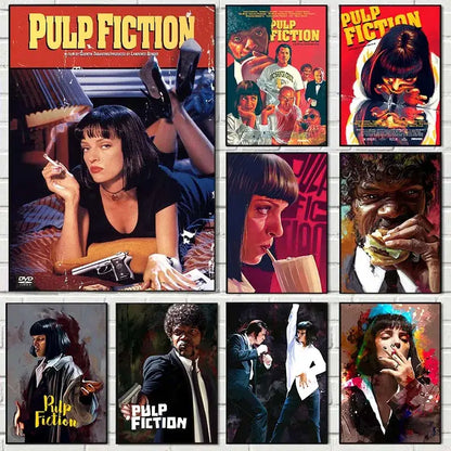 A grid of nine pulp fiction canvas posters featuring iconic scenes displayed as decorbites™ movie fiction canvas wall art
