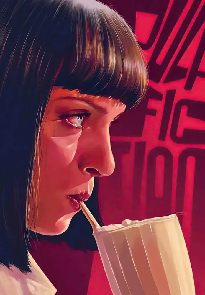 A creamy white milkshake in a ribbed glass with a wooden stirrer featured in decorbites™ pulp fiction canvas wall art
