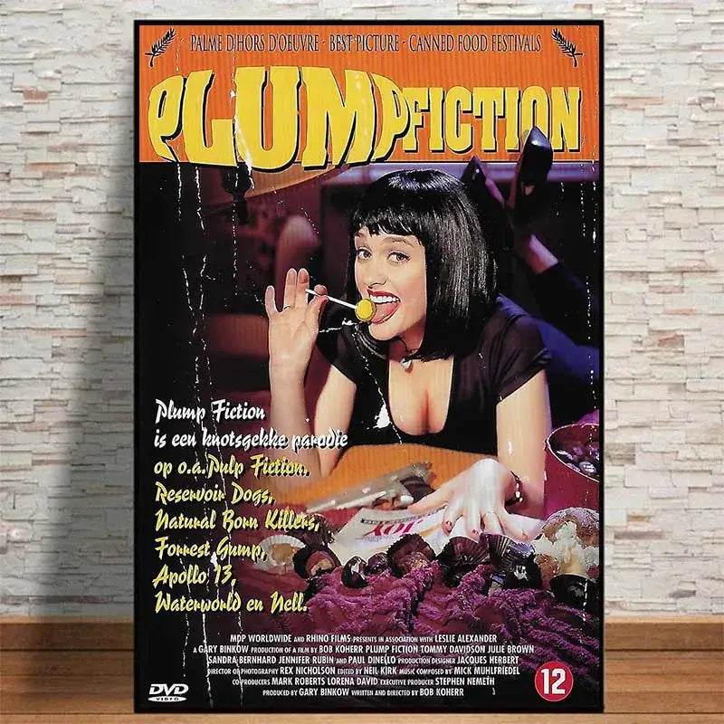 A framed dvd cover of plump fiction featuring a woman holding a lollipop in decorbites pulp fiction canvas