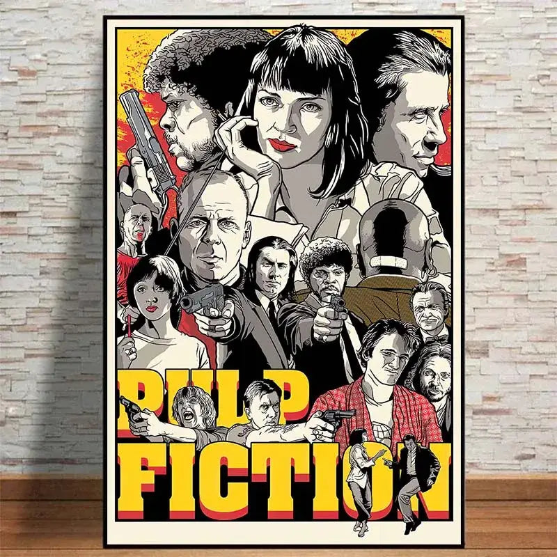 A framed pulp fiction canvas featuring bold yellow and red lettering and stylized high-contrast movie characters