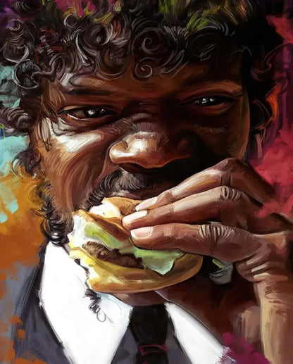 Decorbites™ pulp fiction canvas wall art featuring a juicy hamburger with golden bun and fresh lettuce held by hands