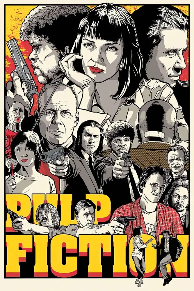 DecorBites™ pulp fiction canvas wall art features bold black-and-white portraits on a vibrant yellow and red background