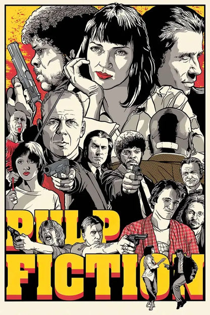 DecorBites™ pulp fiction canvas wall art features bold black-and-white portraits on a vibrant yellow and red background