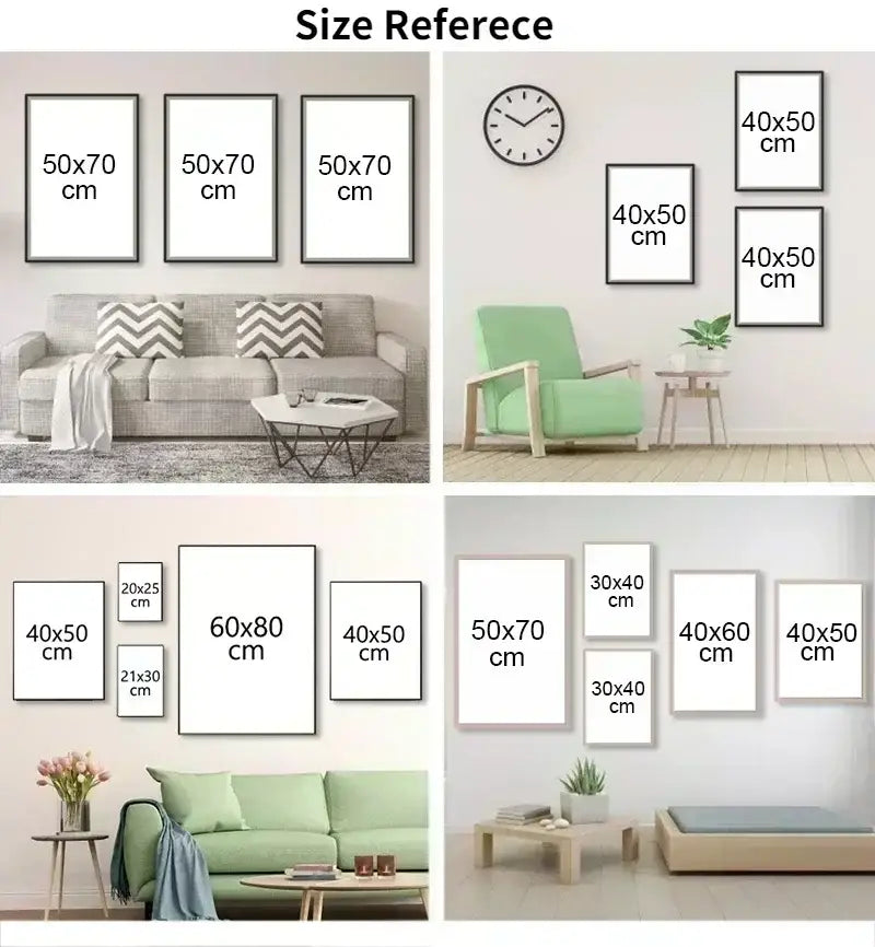 Set of minimalist pulp fiction canvas art prints in white frames with black borders for modern interior decor
