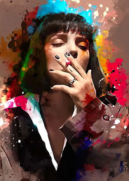 Decorbites™ pulp fiction canvas wall art featuring a stylized woman with dark hair and colorful paint splatters