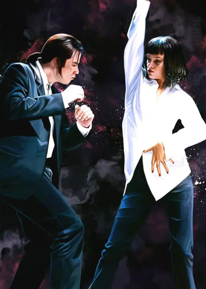A stylized pulp fiction canvas wall art featuring a man in navy suit and a woman in white blouse and dark jeans