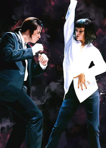 A stylized pulp fiction canvas wall art featuring a man in navy suit and a woman in white blouse and dark jeans