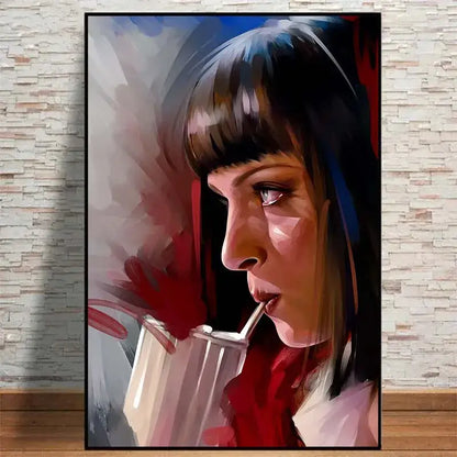 Stylized pulp fiction canvas featuring a woman with dark hair sipping from a striped milkshake cup in vibrant red accents